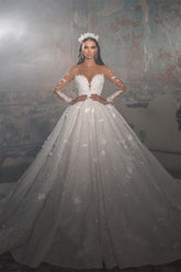 Trendy Floor Length V-Neck Long Sleeves A-Line Lace Wedding Dress with Appliques